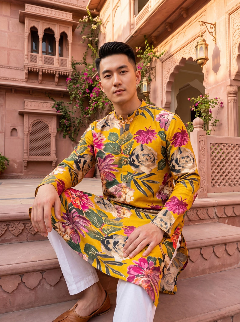 Men's Mustard Yellow Multicolour Floral Print Viscose Rayon Blend Kurta 9