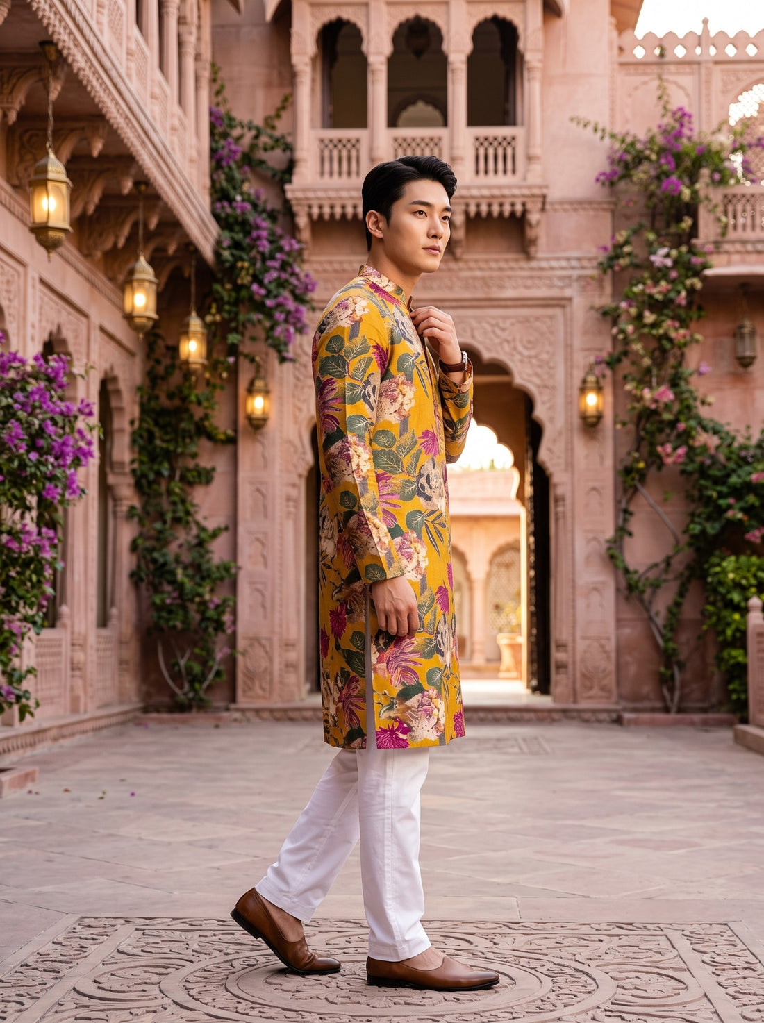 TryBuy TB_21142 men's mustard multicolour floral print kurta, side-profile full-length view showing the long straight silhouette and side slit.