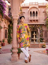 Men's Mustard Yellow Multicolour Floral Print Viscose Rayon Blend Kurta 4