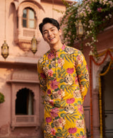 Men's Mustard Yellow Multicolour Floral Print Viscose Rayon Blend Kurta 3