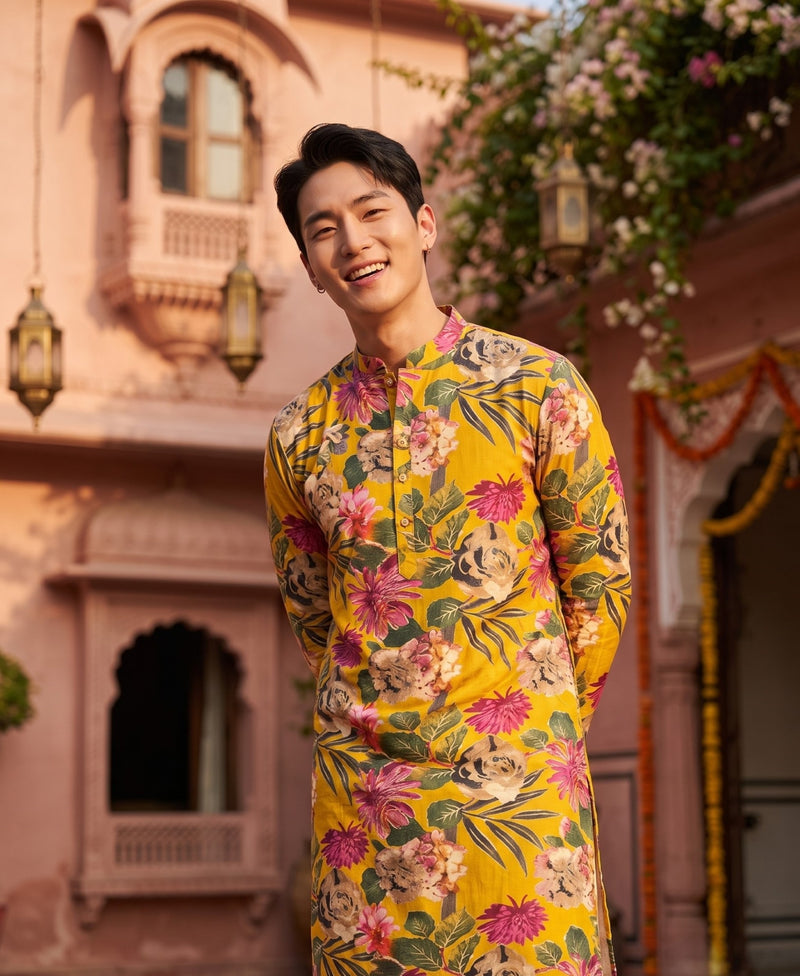 Men's Mustard Yellow Multicolour Floral Print Viscose Rayon Blend Kurta 3