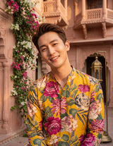 Men's Mustard Yellow Multicolour Floral Print Viscose Rayon Blend Kurta 2