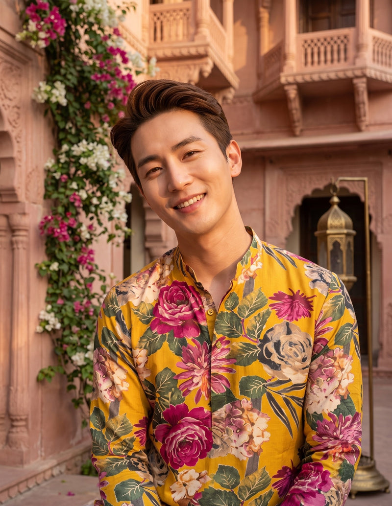 Men's Mustard Yellow Multicolour Floral Print Viscose Rayon Blend Kurta 2