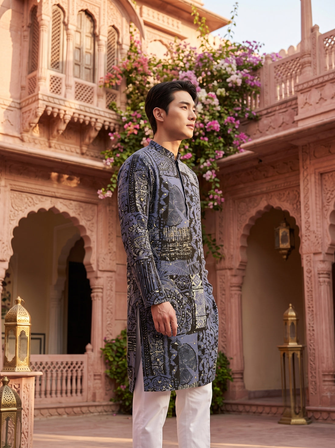 TryBuy TB_21144 men's slate grey multicolour botanical print kurta, full-length front lifestyle view framed by a heritage arch.