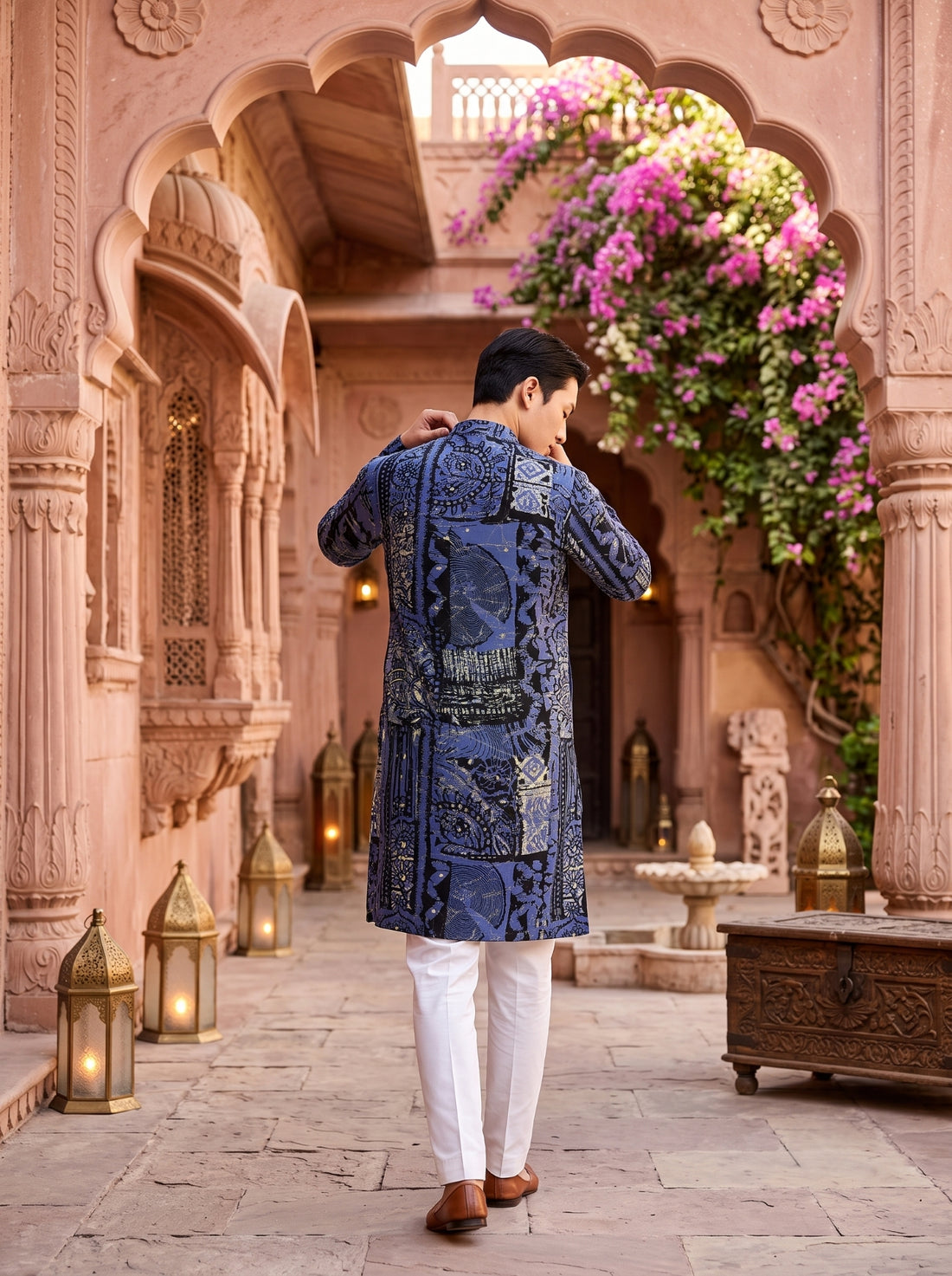 Back view of TryBuy TB_21144 men's slate grey multicolour botanical print kurta showing the all-over abstract leaf pattern and straight silhouette.