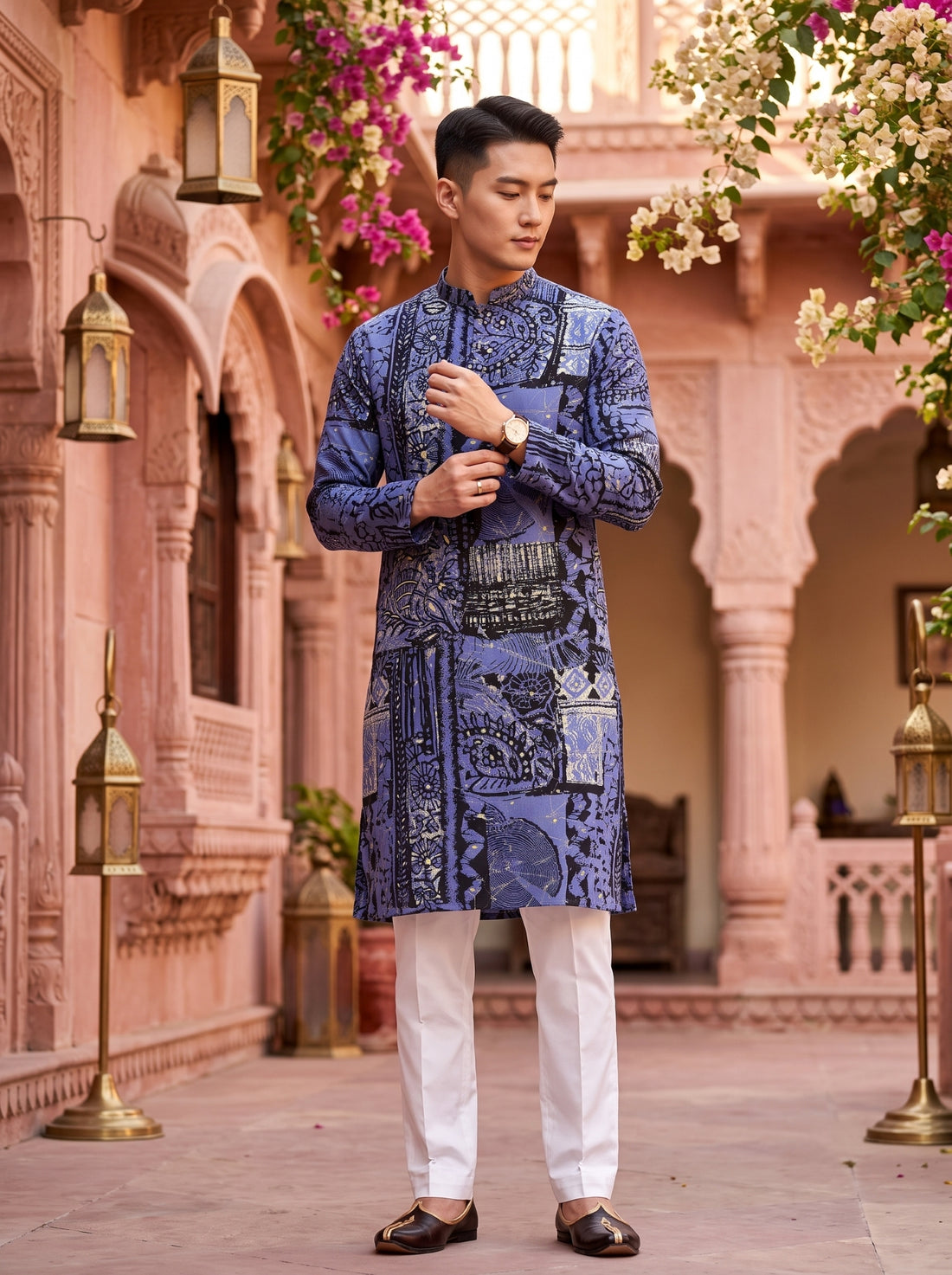 TryBuy TB_21144 men's slate grey multicolour botanical print kurta, upper-body detail highlighting the mandarin collar, placket and abstract leaf print.