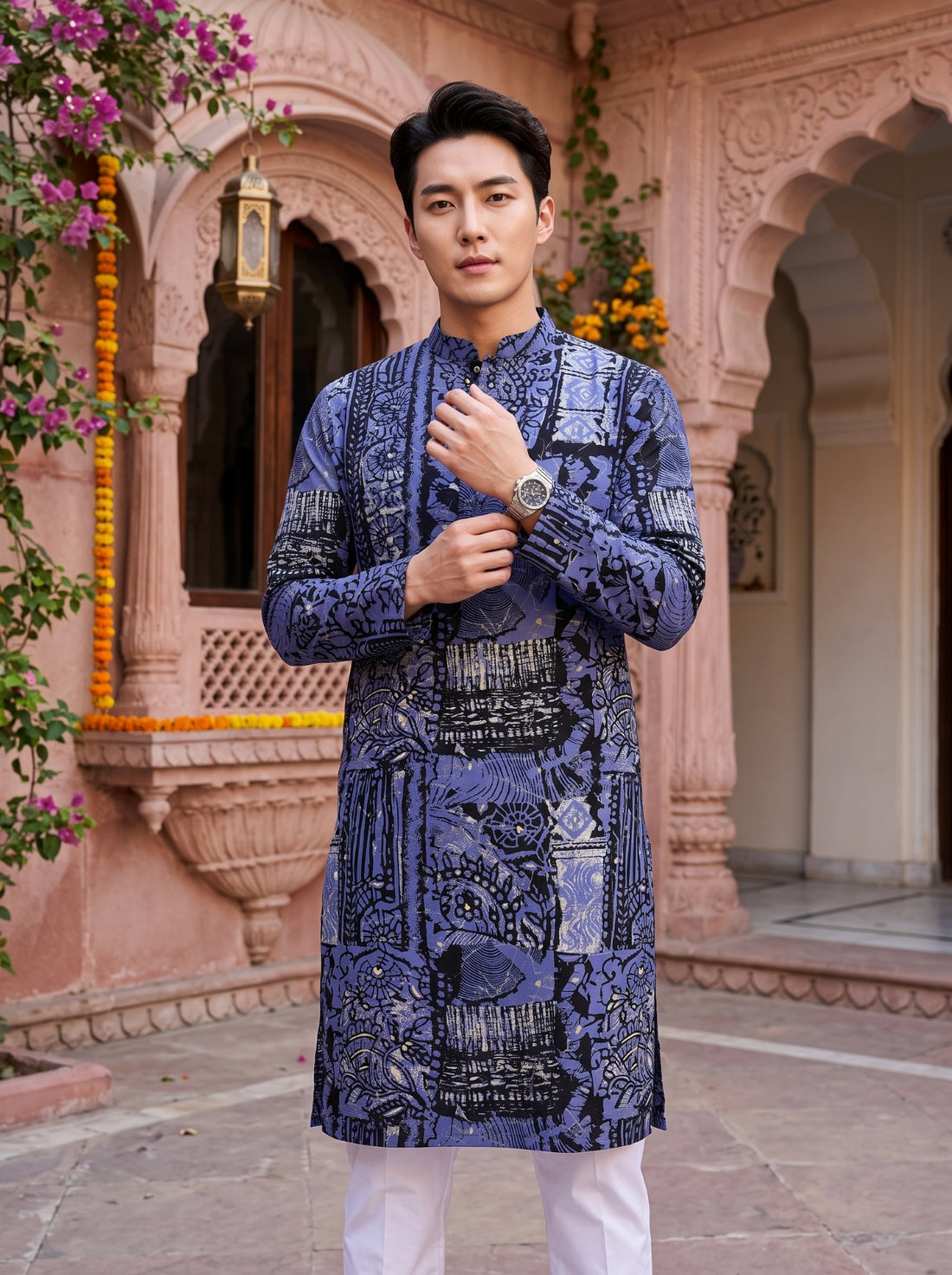 TryBuy TB_21144 men's slate grey multicolour botanical print kurta, front detail emphasizing pink, green, blue and beige abstract botanical motifs.
