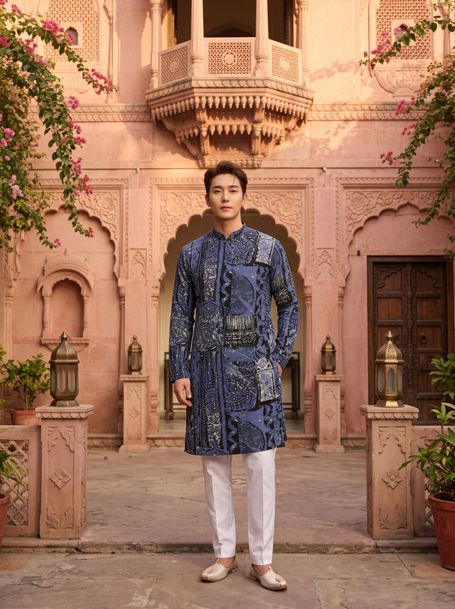 TryBuy TB_21144 men's slate grey multicolour botanical kurta, standing front view highlighting the abstract botanical pattern and mandarin collar.