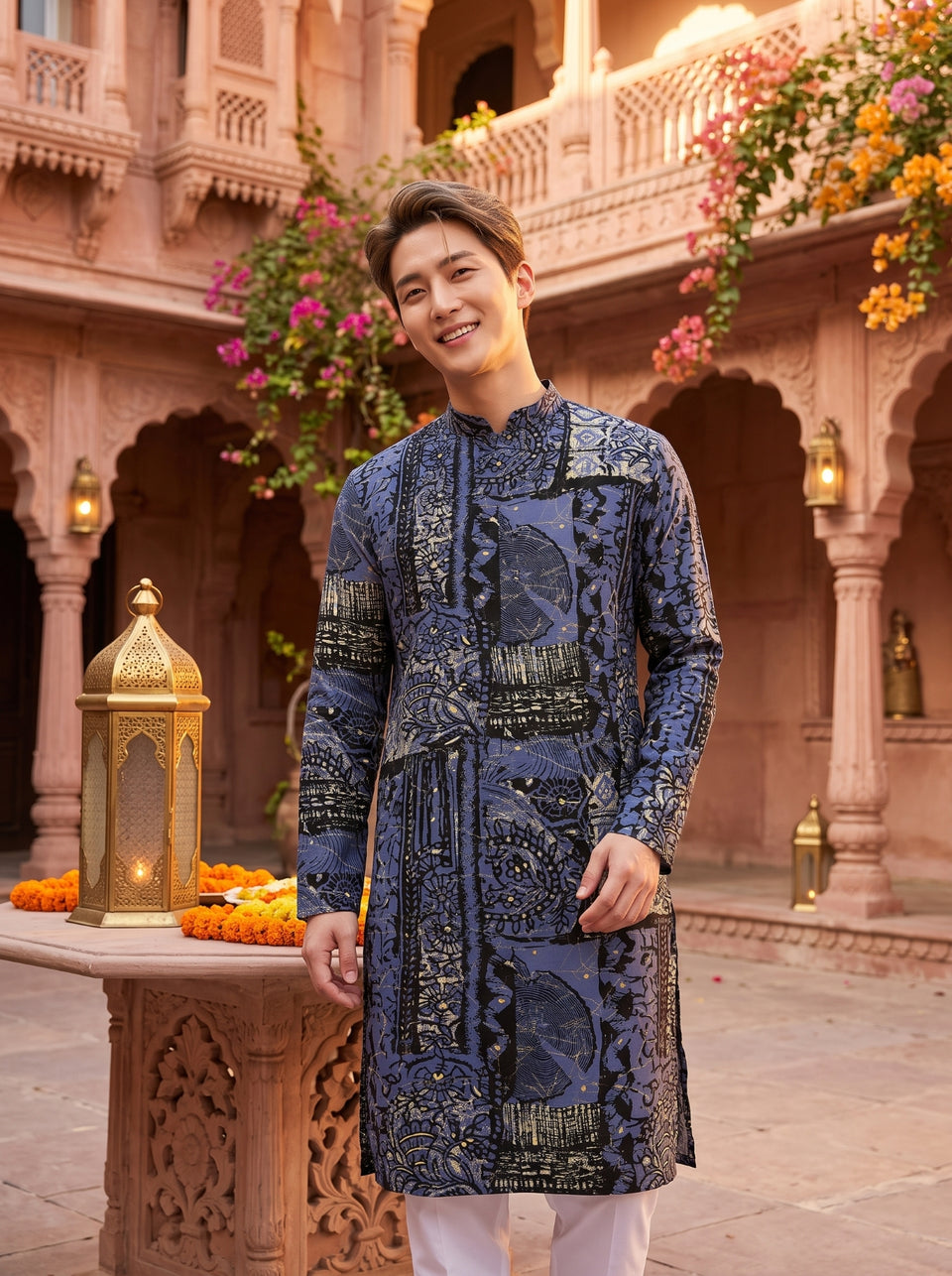 TryBuy TB_21144 men's slate grey multicolour botanical print kurta, full-front view showing regular fit, long silhouette and side pockets.