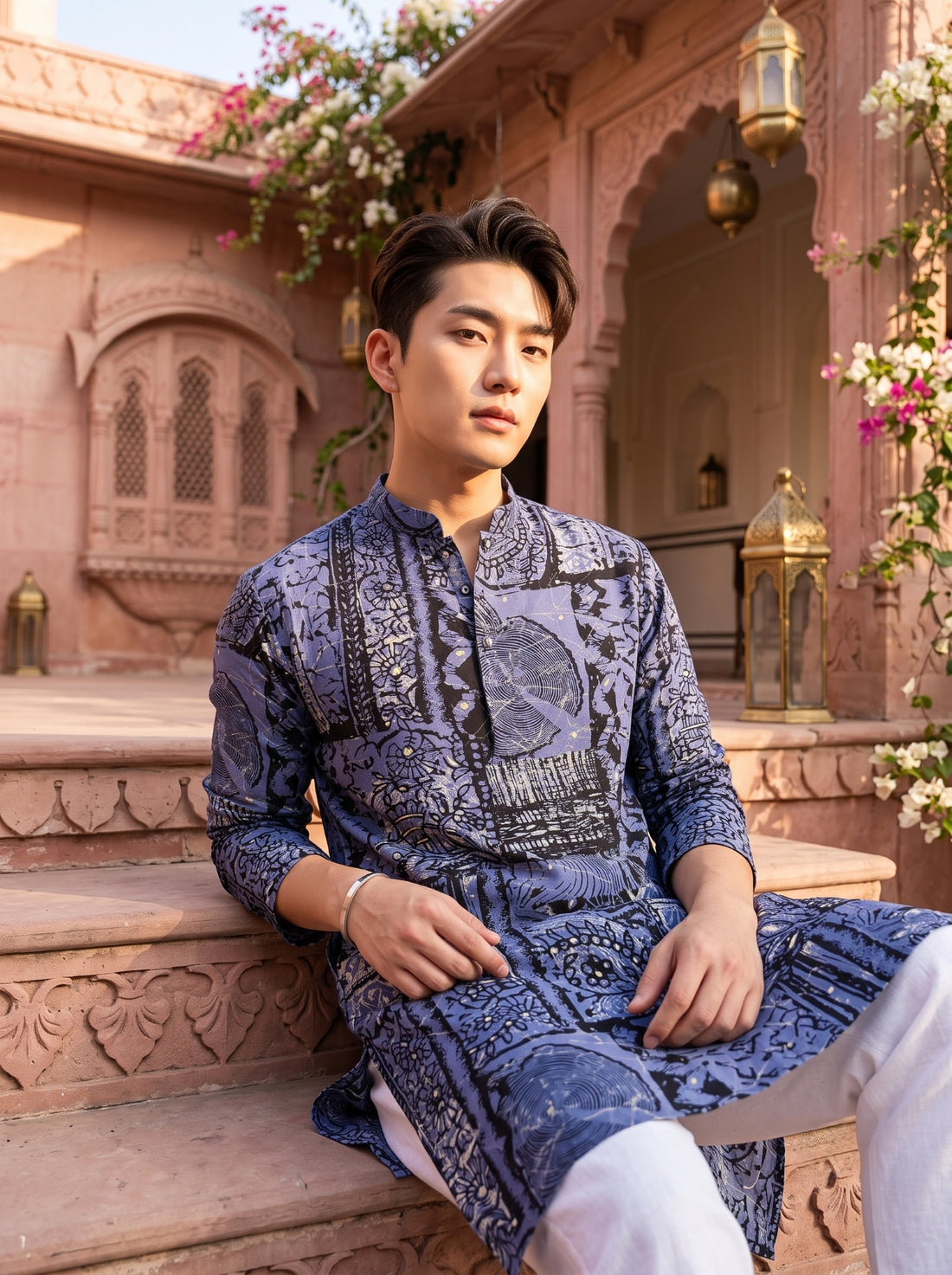 TryBuy TB_21144 men's slate grey multicolour botanical print kurta, full-length detail showing the regular fit, full sleeves and long straight hem.