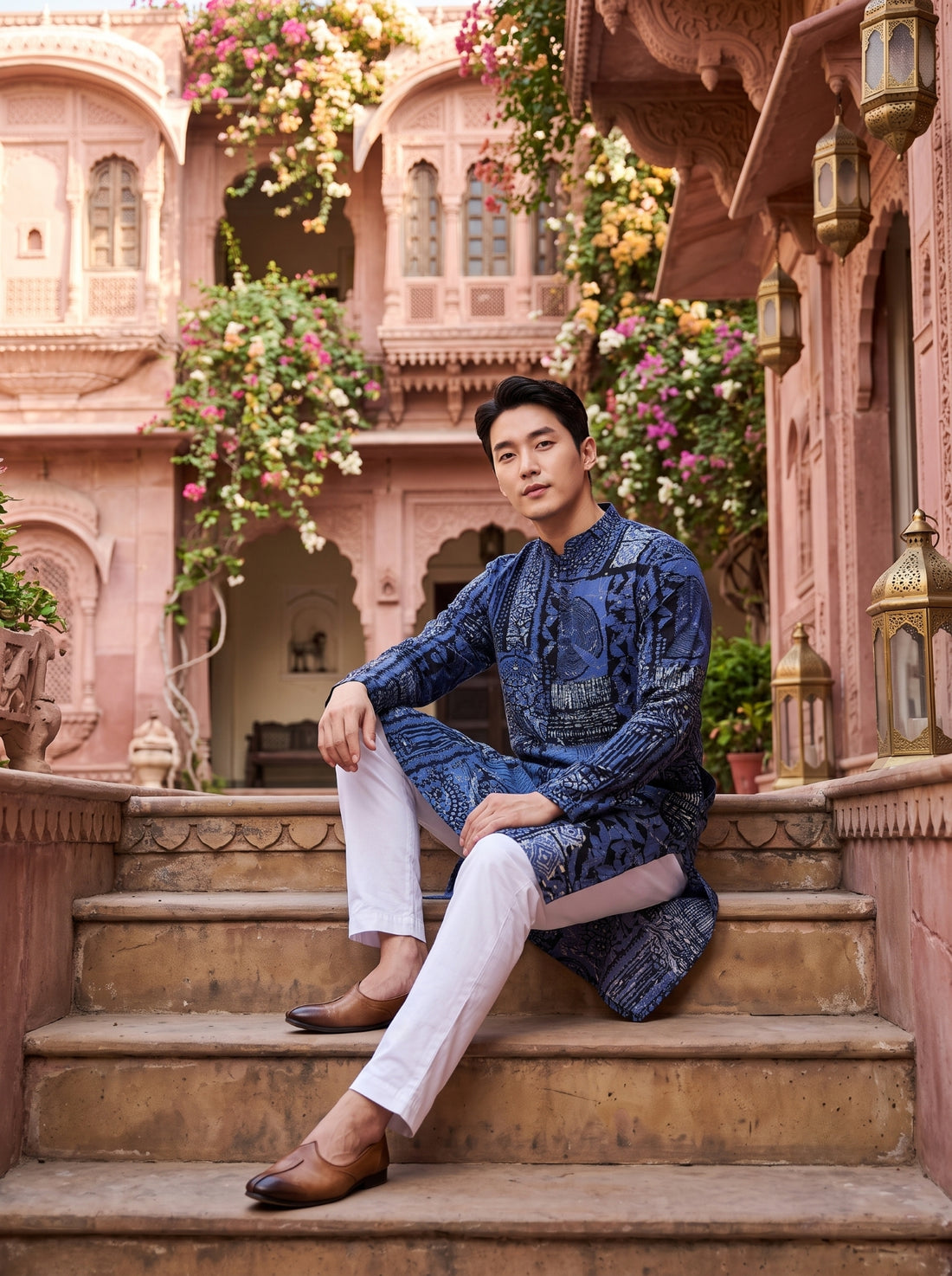 TryBuy TB_21144 men's slate grey multicolour botanical print kurta, seated festive lifestyle view styled with white trousers.