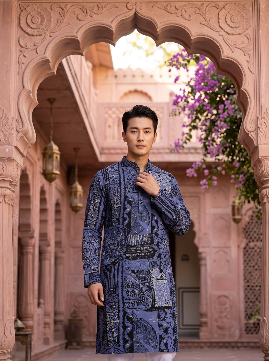 TryBuy TB_21144 men's slate grey multicolour botanical print kurta, side-profile full-length view showing the side slit and regular fit.