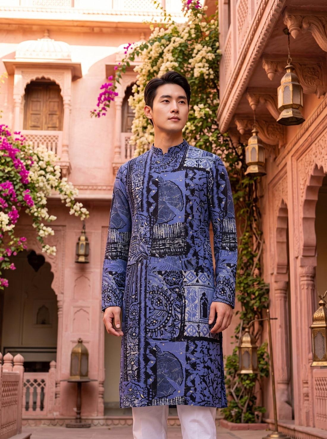 TryBuy TB_21144 men's slate grey multicolour botanical print kurta, side-standing lifestyle view showing the long regular-fit silhouette.