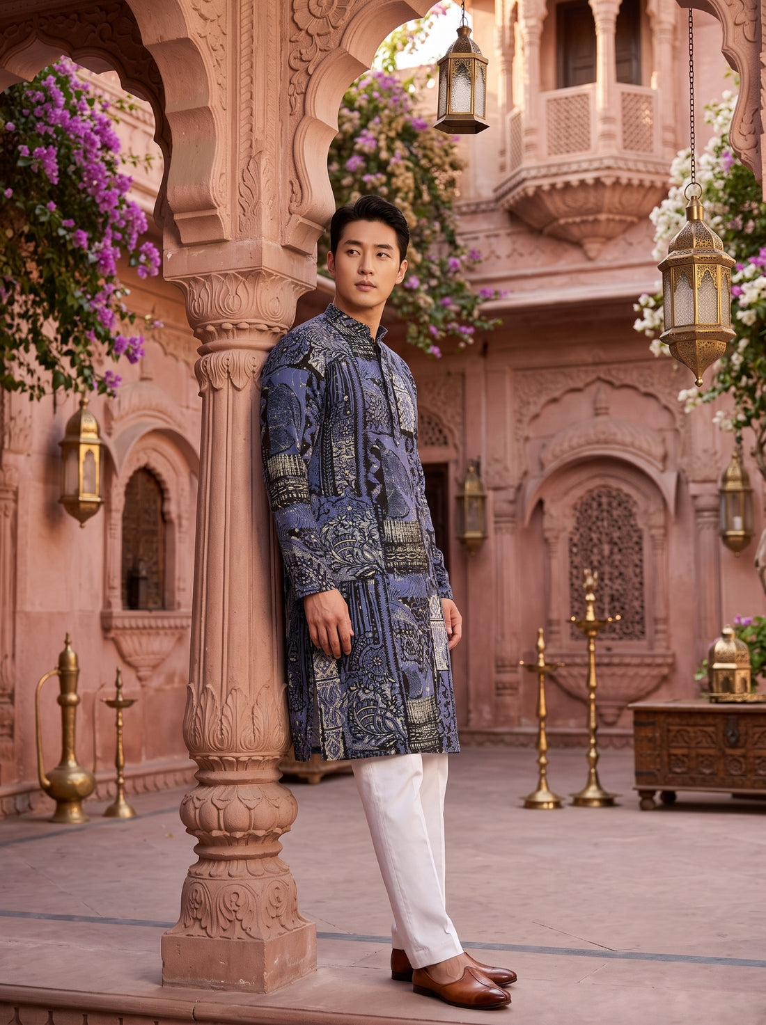 TryBuy TB_21144 men's slate grey multicolour botanical print kurta, three-quarter full-length lifestyle view in a heritage courtyard.