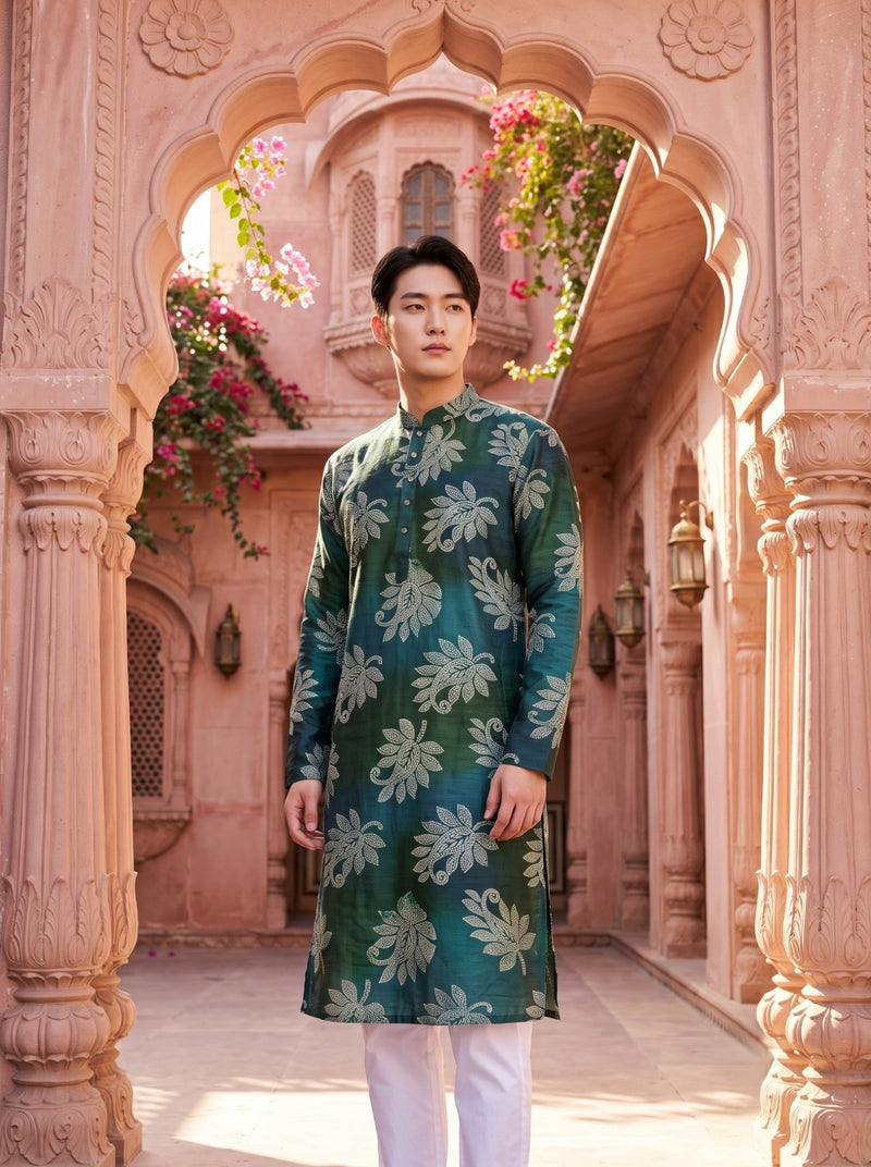 Men's Emerald Teal Botanical Print Viscose Rayon Kurta 6