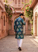 Men's Emerald Teal Botanical Print Viscose Rayon Kurta 5
