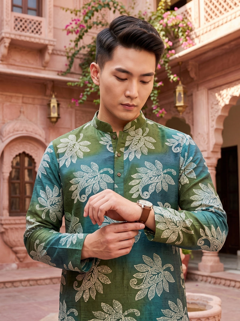 Men's Emerald Teal Botanical Print Viscose Rayon Kurta 10
