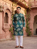 Men's Emerald Teal Botanical Print Viscose Rayon Kurta
