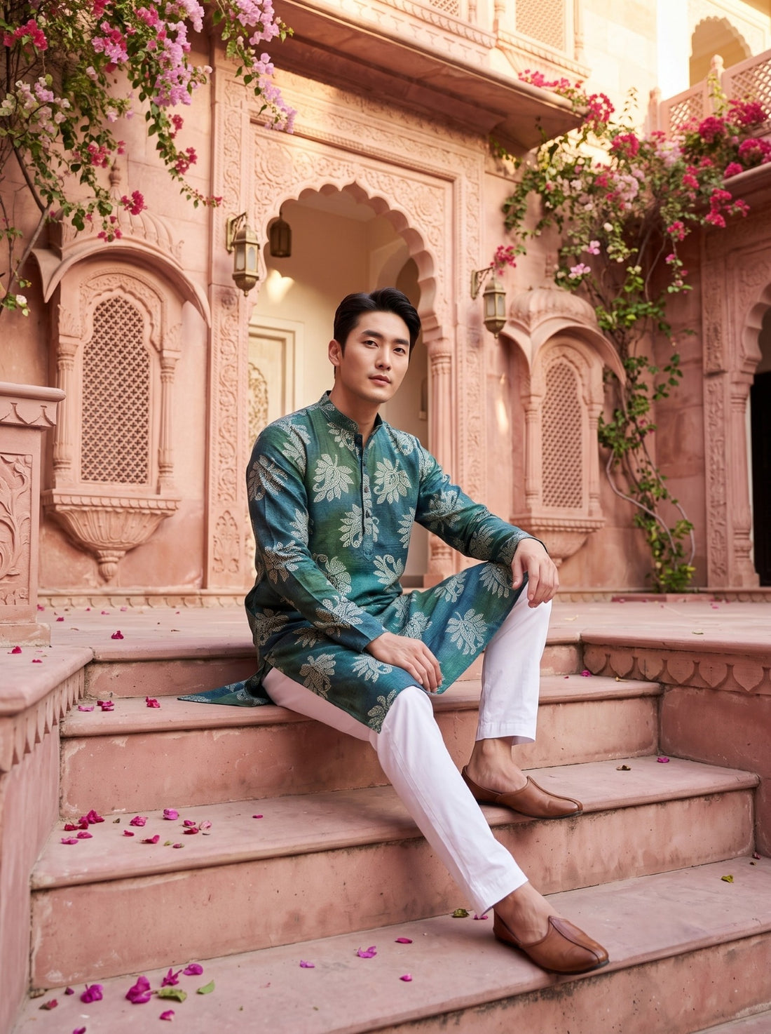 TryBuy TB_21145 men's emerald teal green botanical print kurta, seated lifestyle view styled with white ethnic trousers.