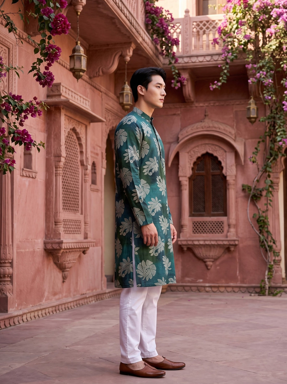 TryBuy TB_21145 men's emerald teal green botanical print kurta, side-profile full-length view showing the straight hem, side slit and full sleeves.
