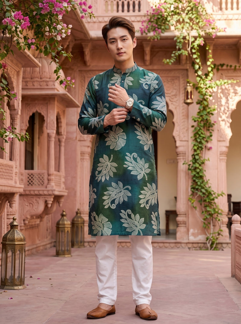 Men's Emerald Teal Botanical Print Viscose Rayon Kurta 9
