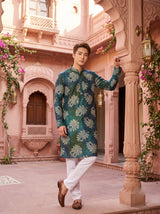 Men's Emerald Teal Botanical Print Viscose Rayon Kurta 4