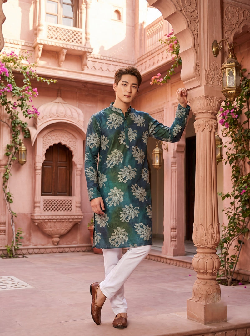 Men's Emerald Teal Botanical Print Viscose Rayon Kurta 4