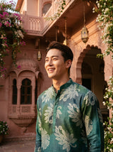 Men's Emerald Teal Botanical Print Viscose Rayon Kurta 2