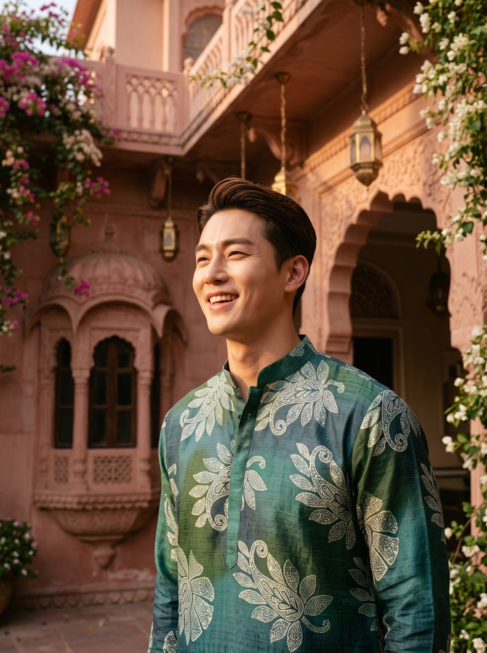 Men's Emerald Teal Botanical Print Viscose Rayon Kurta 2