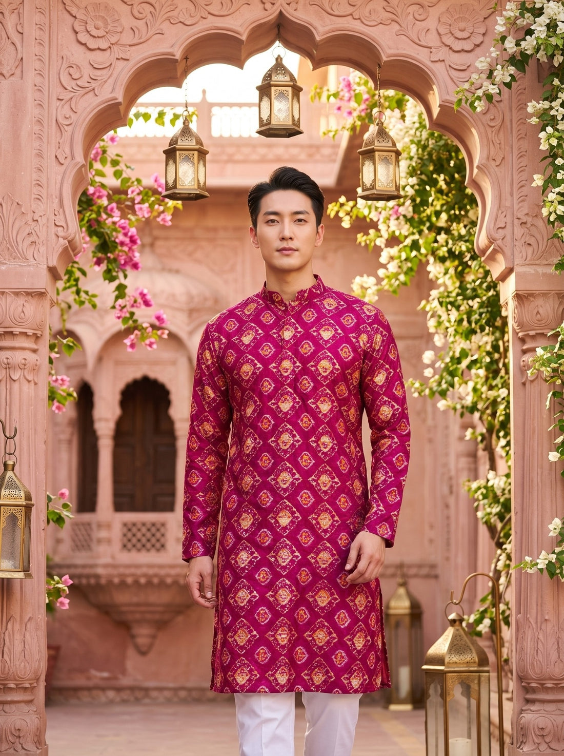 TryBuy TB_21146 men's magenta ethnic-print kurta, front view beneath a haveli arch showing the collar, button placket and ornamental diamond pattern.