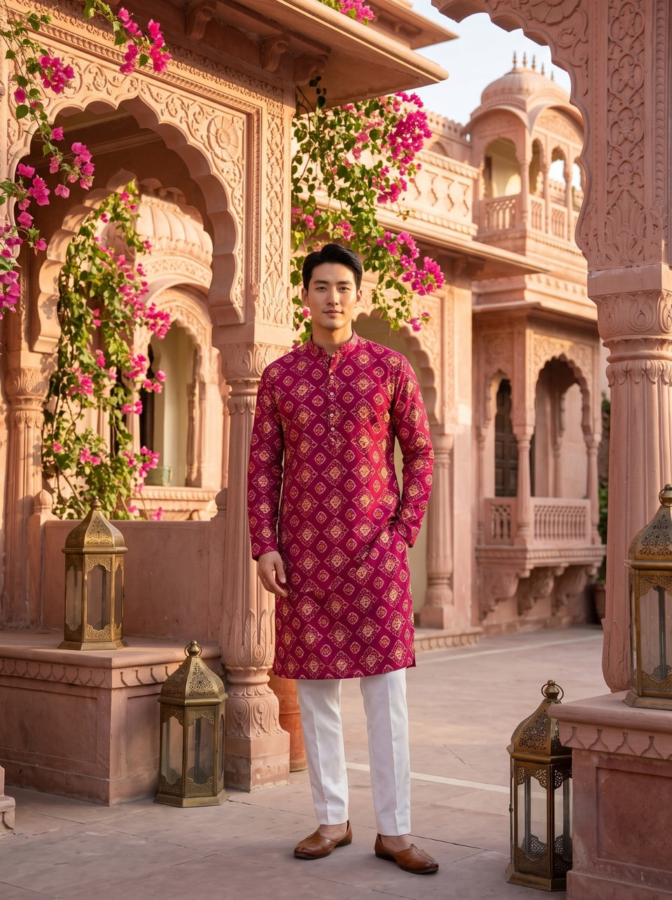 TryBuy TB_21146 men's magenta ethnic-print kurta, full-length front view showing the straight silhouette, magenta colour and ethnic diamond motifs.