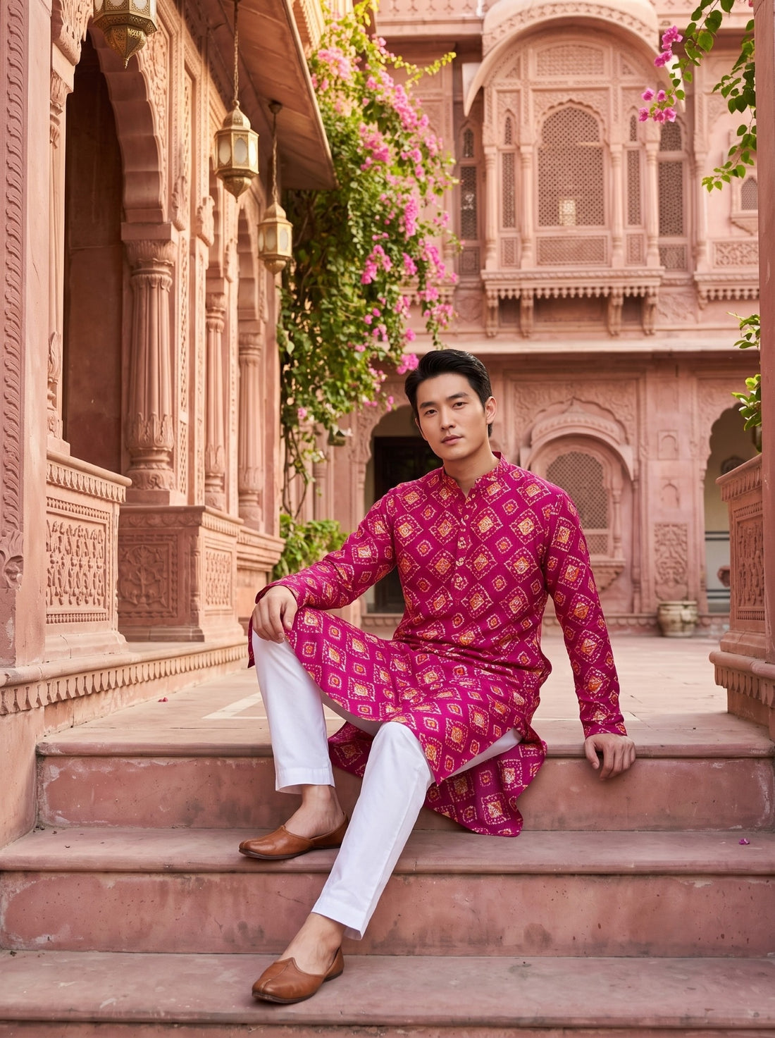 TryBuy TB_21146 men's magenta ethnic-print kurta, seated full-length view styled with white trousers, showing the kurta print and side slit.