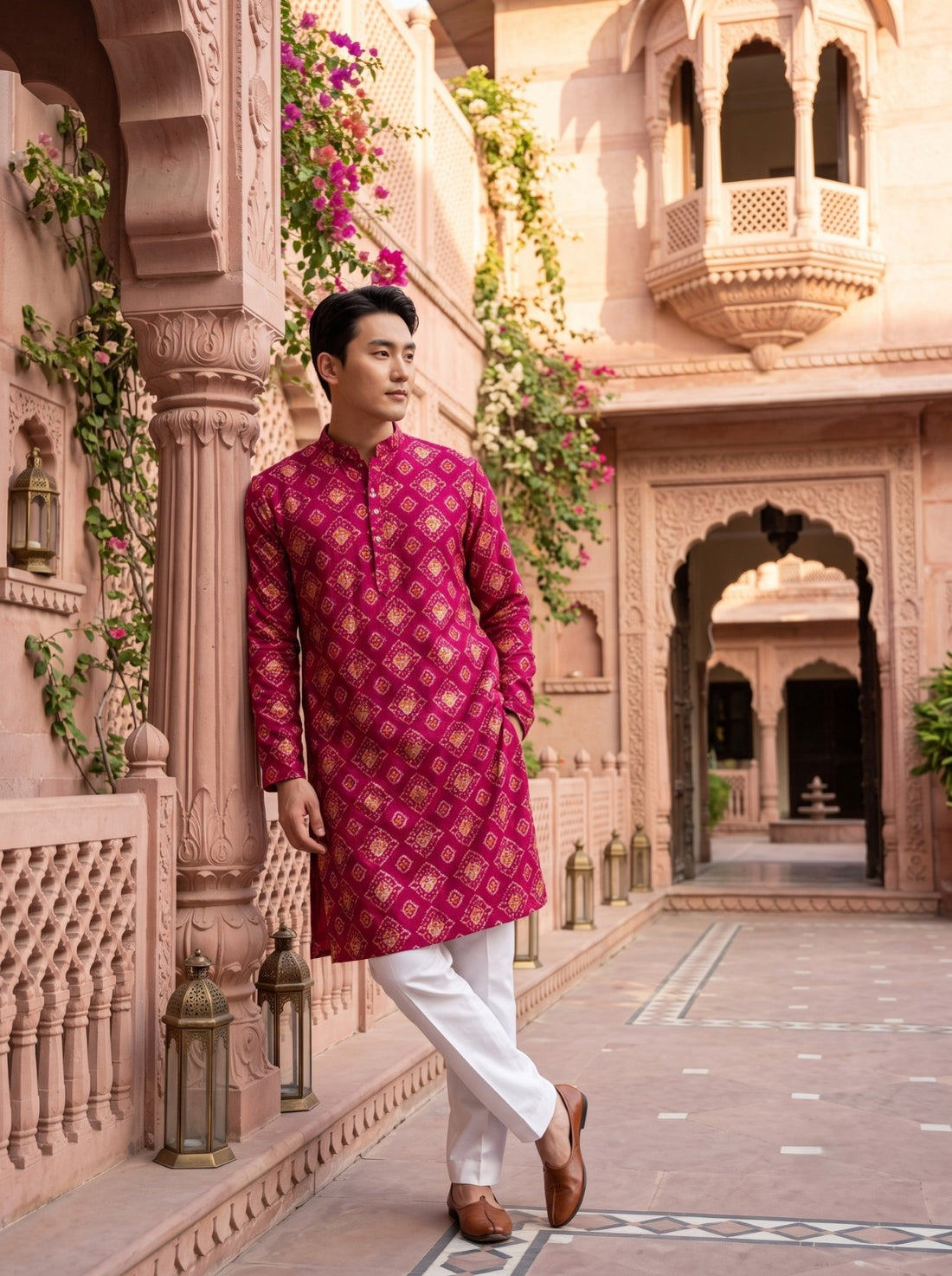 TryBuy TB_21146 men's magenta ethnic-print kurta, three-quarter full-length view showing the side slit and long sleeves.