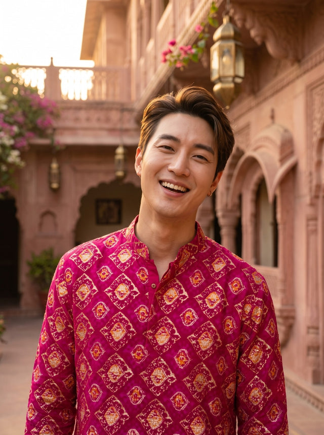TryBuy TB_21146 men's magenta ethnic-print kurta, upper-front portrait showing the mandarin collar and gold-toned ornamental print.