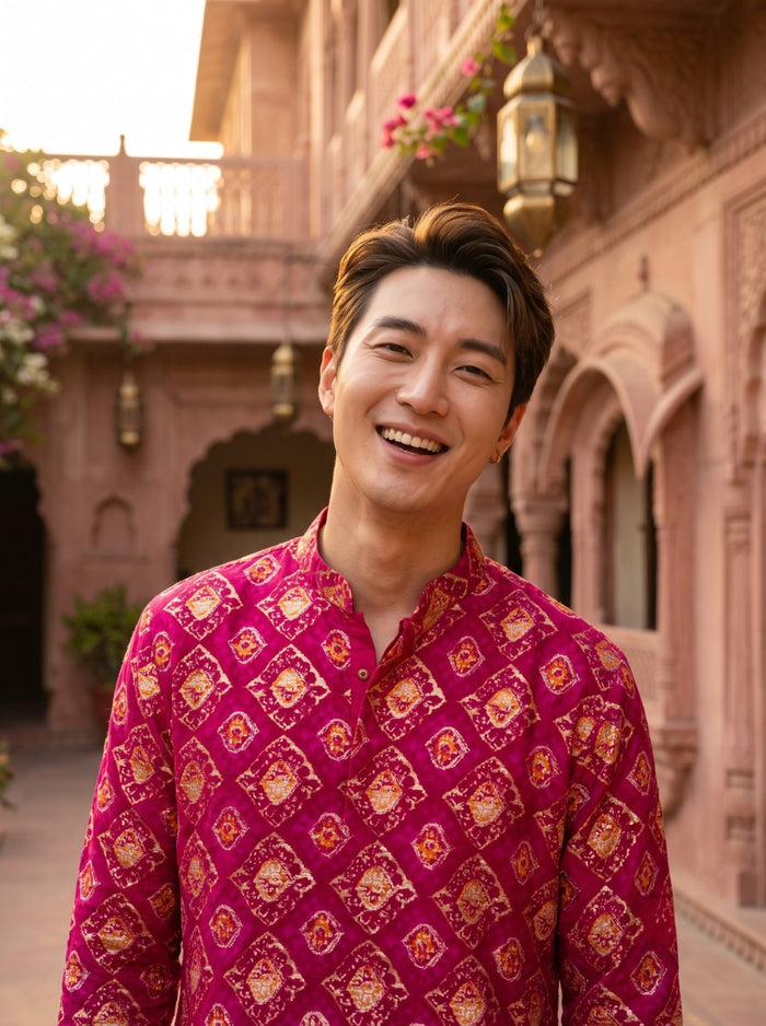 Men's Magenta Ethnic Motif Printed Viscose Rayon Kurta 2