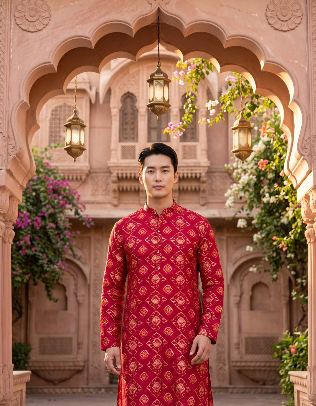 TryBuy TB_21147 men's red ethnic-print kurta, front view framed by a haveli arch showing the mandarin collar and short button placket.