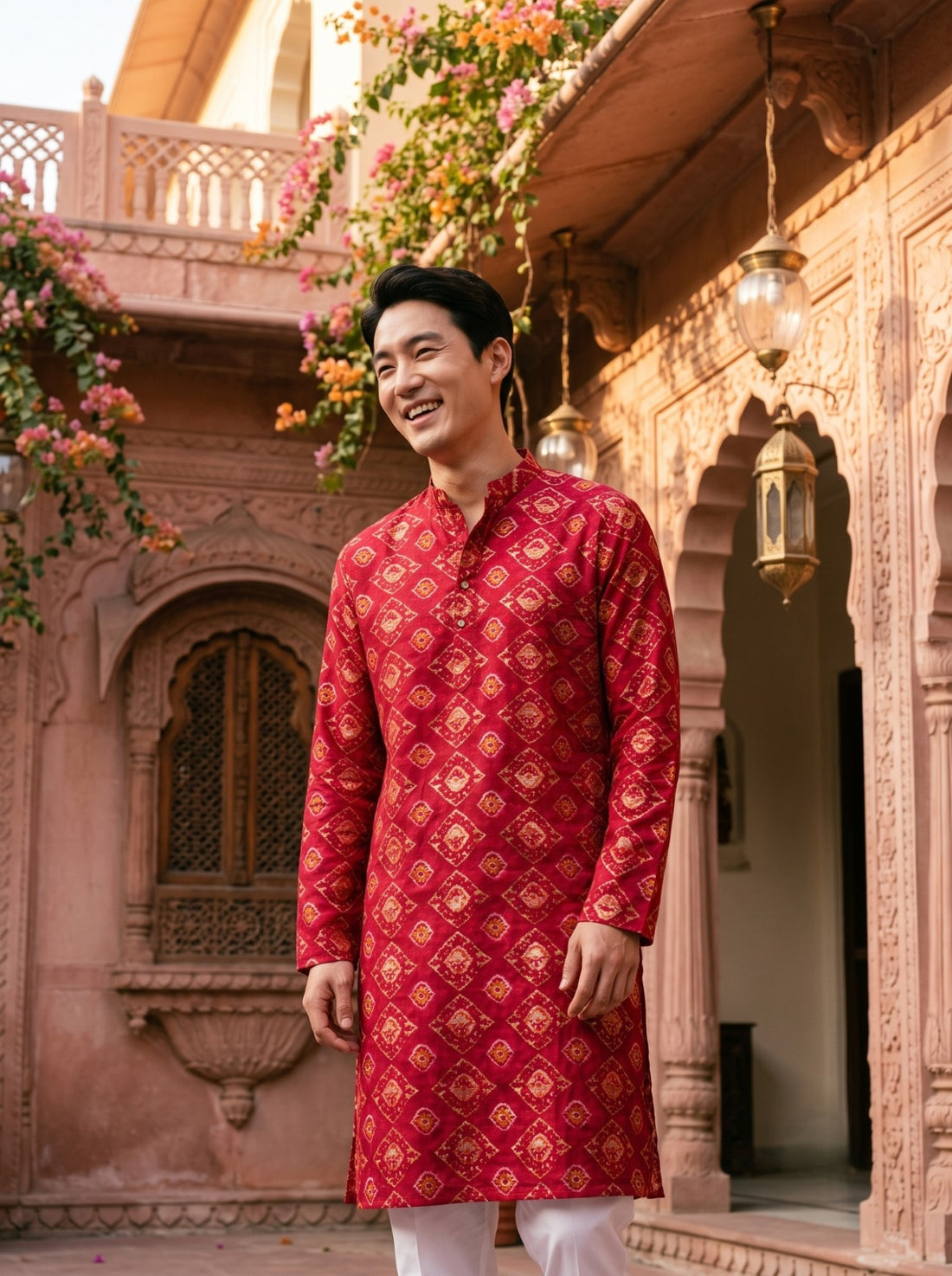 TryBuy TB_21147 men's red ethnic-print kurta, front lifestyle view showing the red base and repeating ethnic motifs.