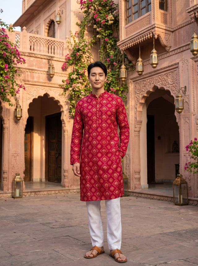 TryBuy TB_21147 men's red ethnic-print kurta, full-length front view showing the red colour, straight silhouette and gold-toned ethnic motifs.