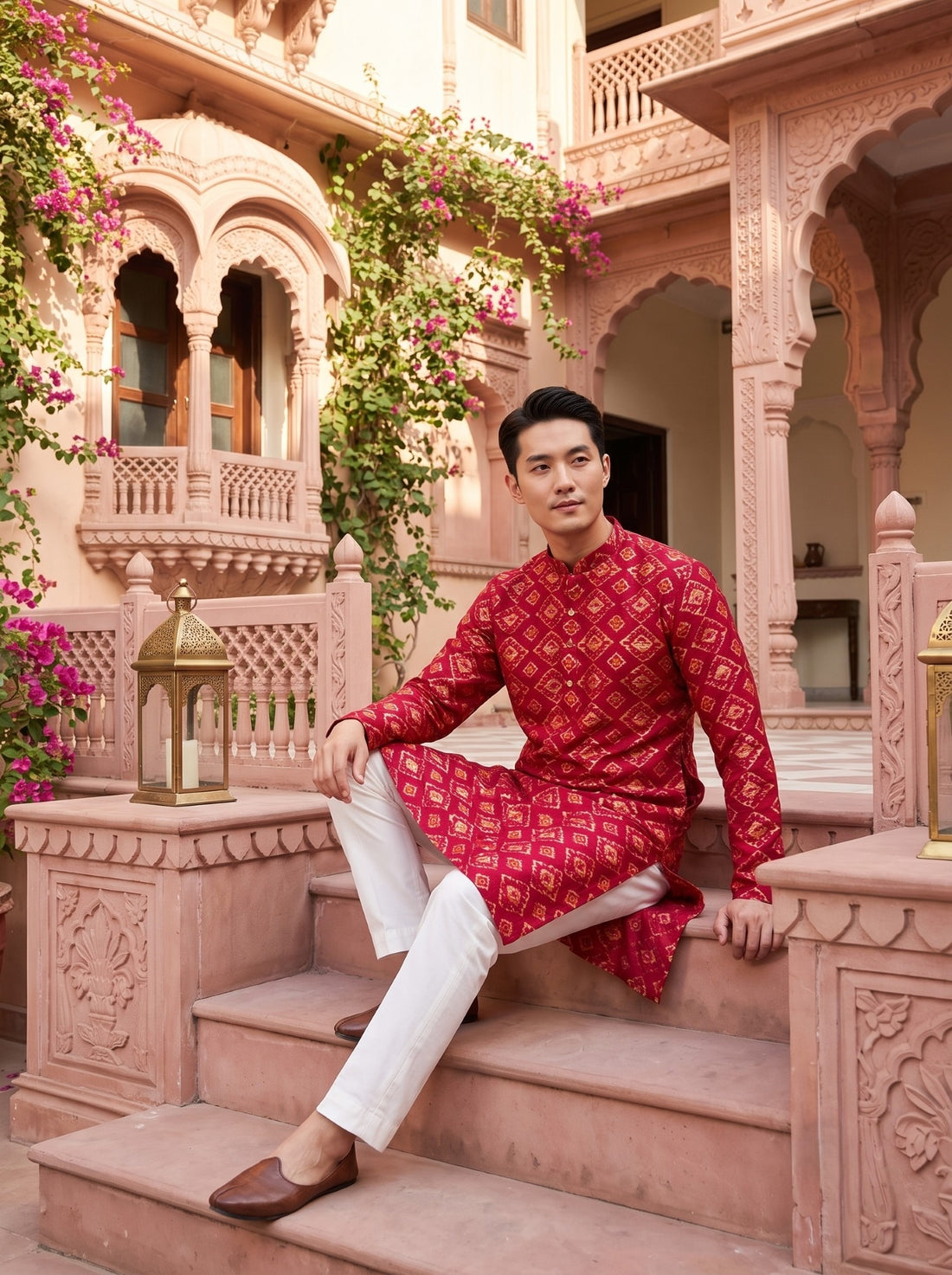 TryBuy TB_21147 men's red ethnic-print kurta, seated full-length view styled with white trousers, showing the kurta print and straight hem.