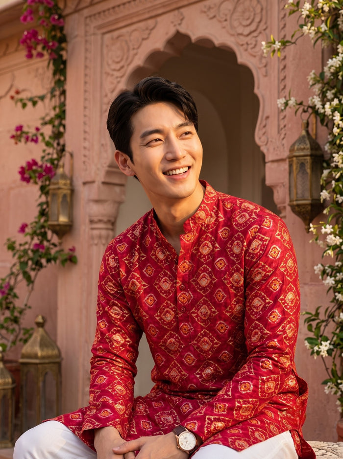 Men's Red Ethnic Motif Printed Viscose Rayon Kurta 2