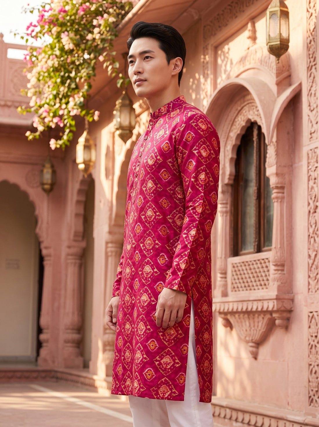 TryBuy TB_21147 men's red ethnic-print kurta, side-profile view showing the long sleeves, side slit and ethnic motif placement.