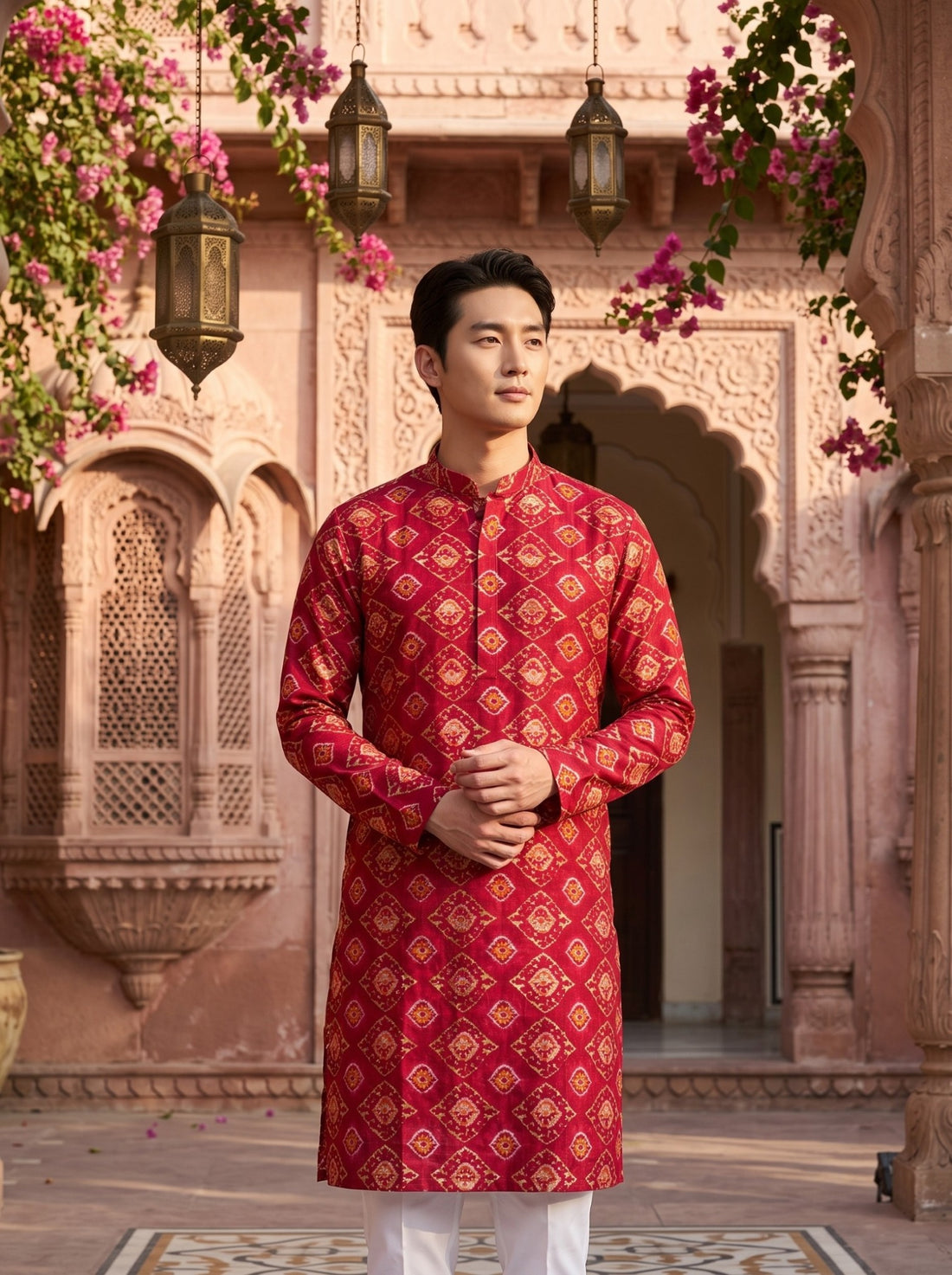 TryBuy TB_21147 men's red ethnic-print kurta, standing front portrait showing the collar, sleeves and red ethnic print.