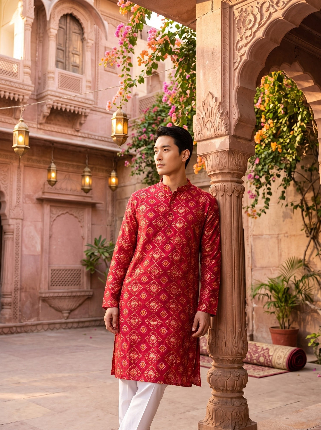 TryBuy TB_21147 men's red ethnic-print kurta, three-quarter front view showing the knee-length silhouette and full sleeves.