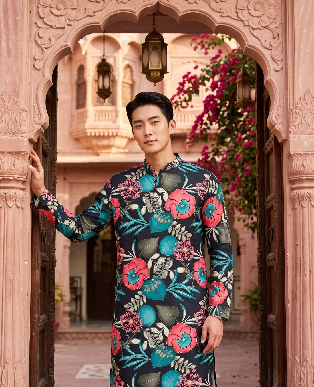 TryBuy TB_21148 men's black floral kurta shown from the front in an archway