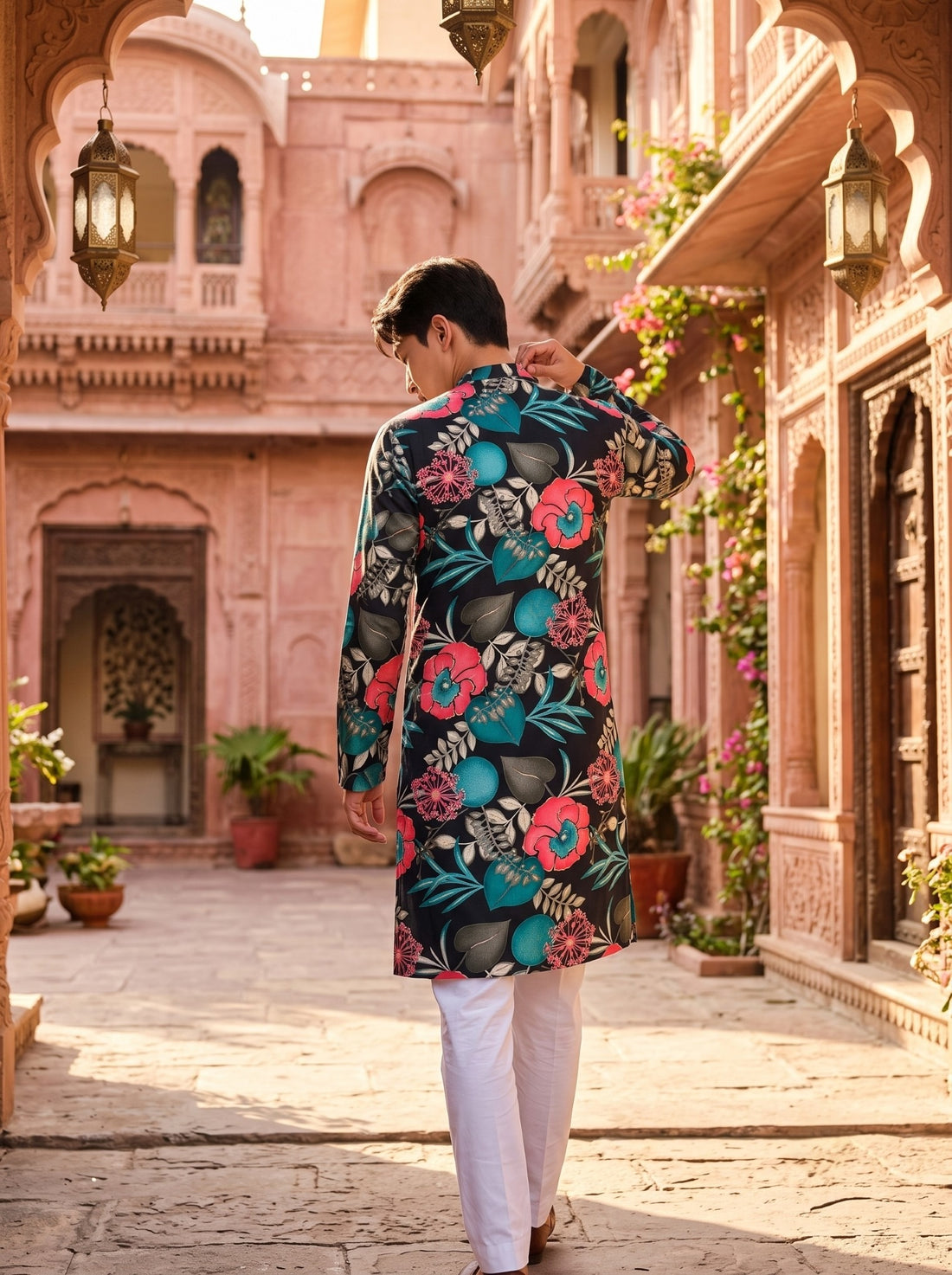 Full back view of TryBuy TB_21148 black kurta with all-over pink and teal floral print