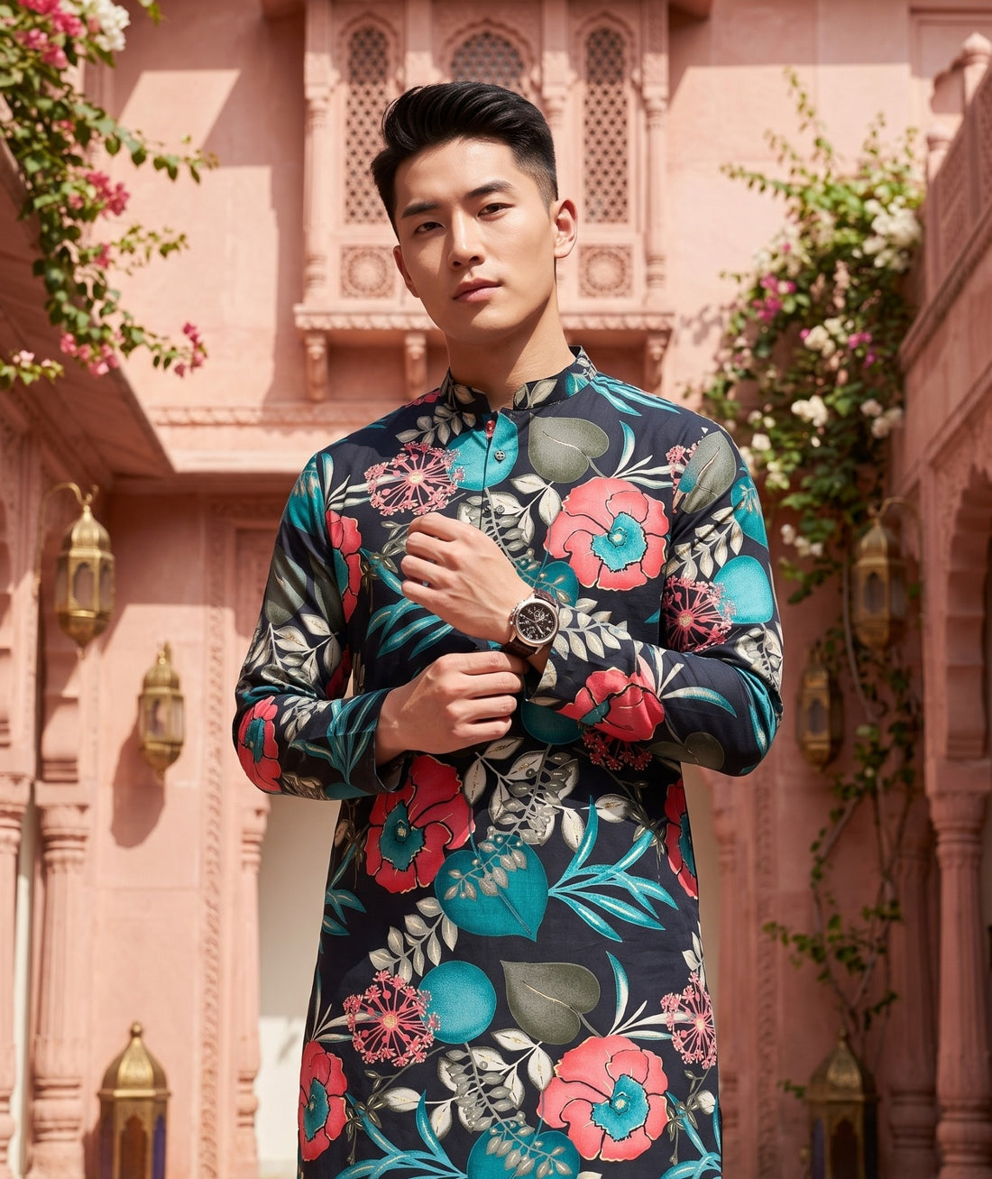 Mandarin collar, front placket and full sleeve detail of TryBuy TB_21148 black tropical floral kurta