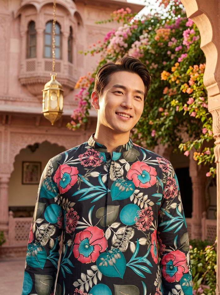 Men's Black Tropical Floral Printed Viscose Rayon Kurta 2