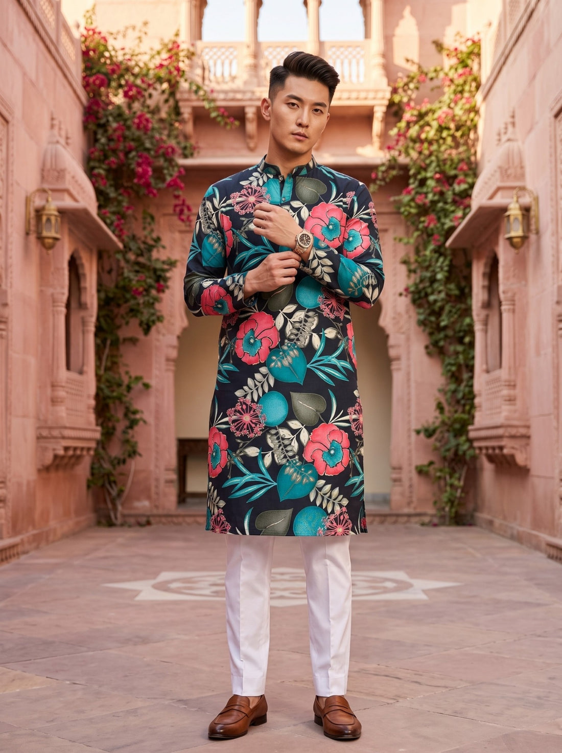 Full-length front view of TryBuy TB_21148 black floral kurta with the model adjusting a sleeve cuff
