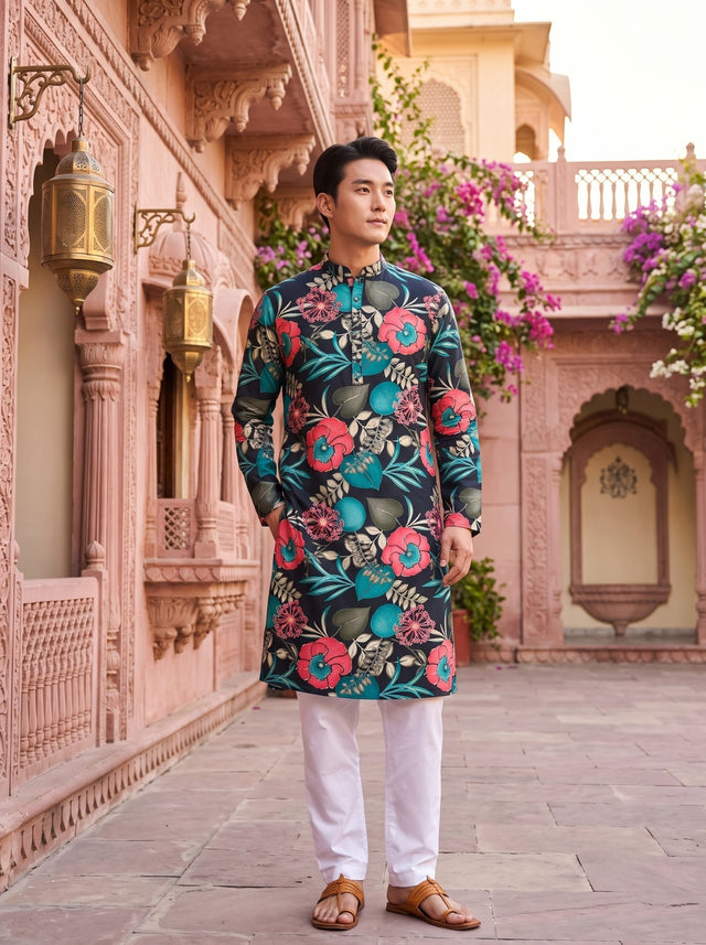 Full-length front view of TryBuy TB_21148 men's black kurta with pink and teal tropical floral print