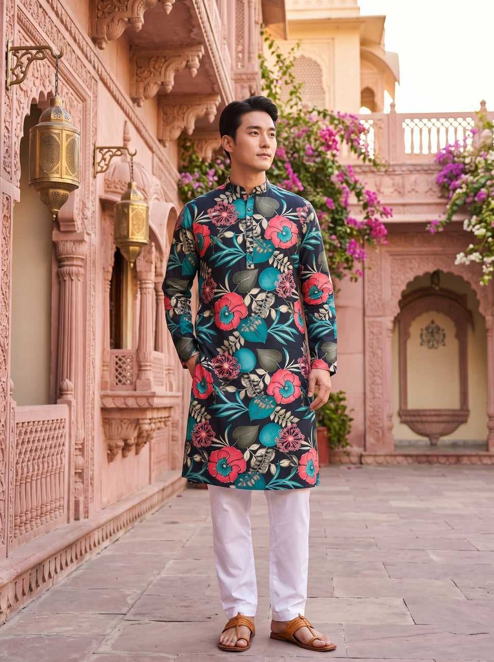Full-length front view of TryBuy TB_21148 men's black kurta with pink and teal tropical floral print